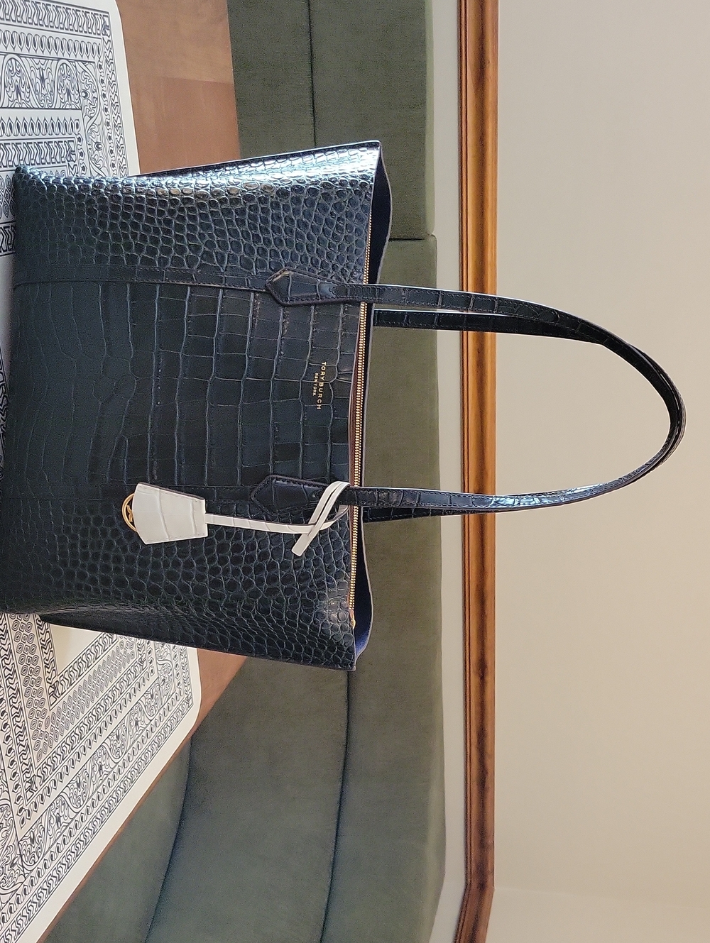 ToryBurch Perry Dark Forest Green Croc Embossed Leather Triple Compartment Tote